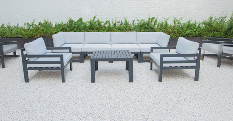 Chelsea 7-Piece Patio Sectional & Coffee Table Set Black Aluminum With Cushions Light Grey