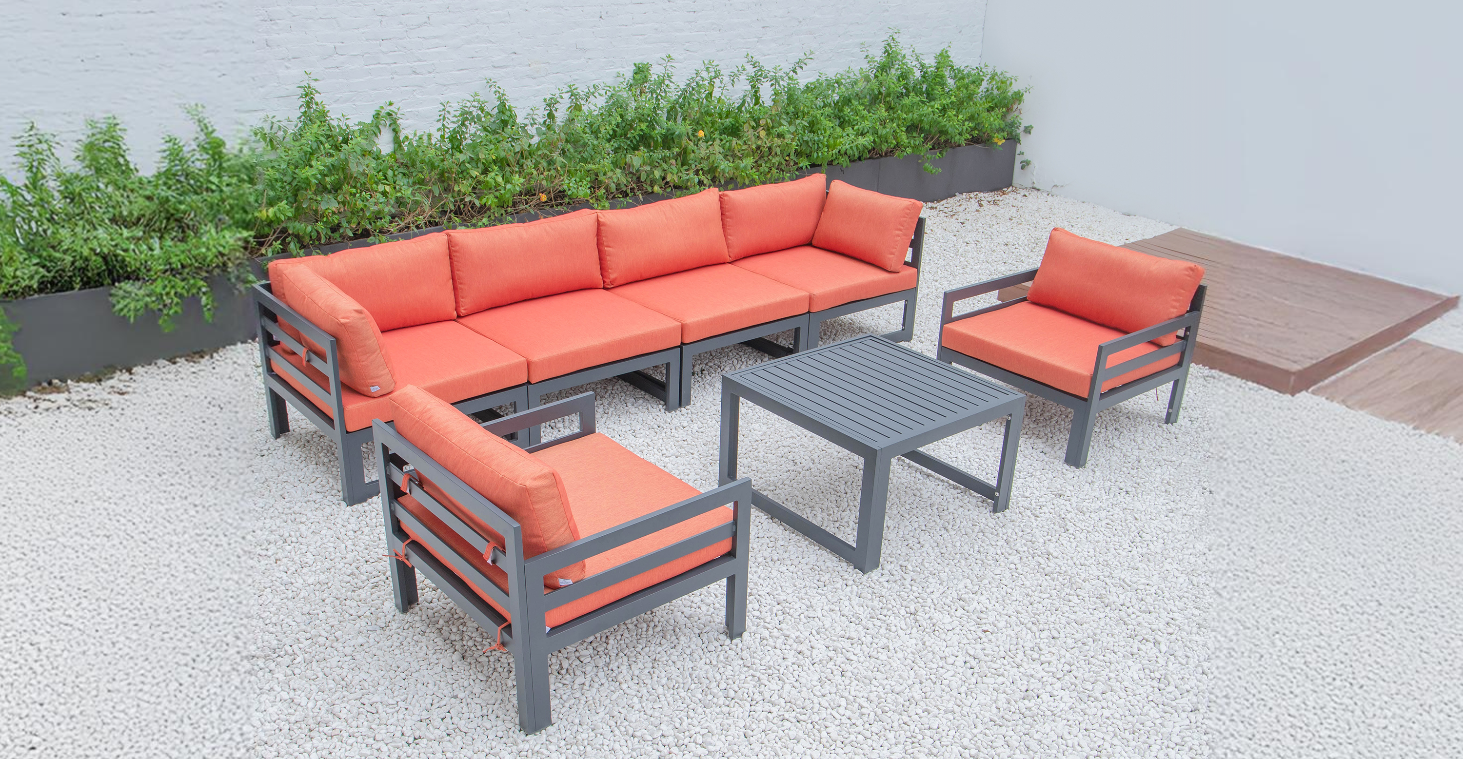 Chelsea 7-Piece Patio Sectional & Coffee Table Set Black Aluminum With Cushions Orange