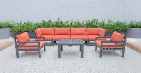 Chelsea 7-Piece Patio Sectional & Coffee Table Set Black Aluminum With Cushions Orange