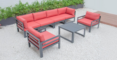 Chelsea 7-Piece Patio Sectional & Coffee Table Set Black Aluminum With Cushions Red