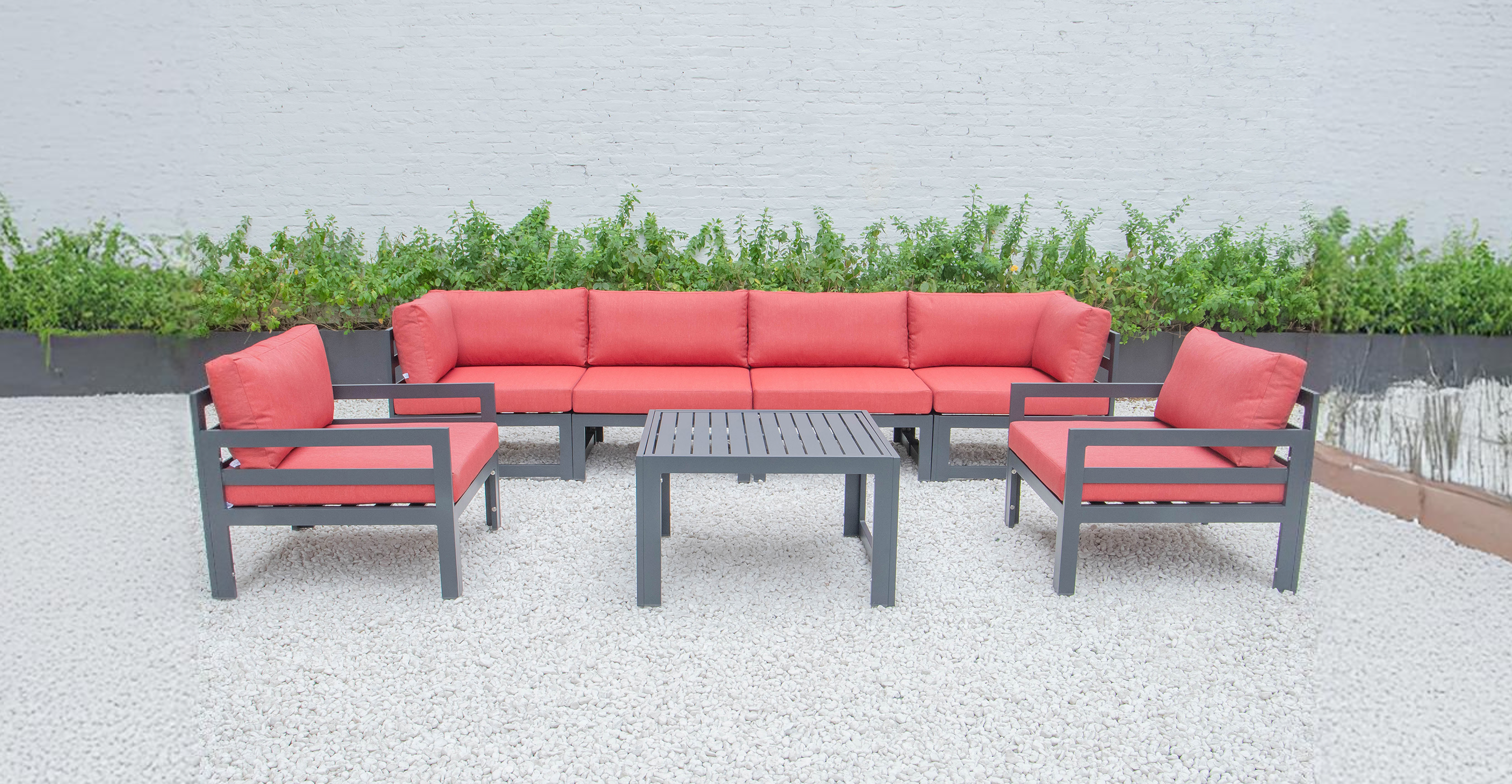 Chelsea 7-Piece Patio Sectional & Coffee Table Set Black Aluminum With Cushions Red