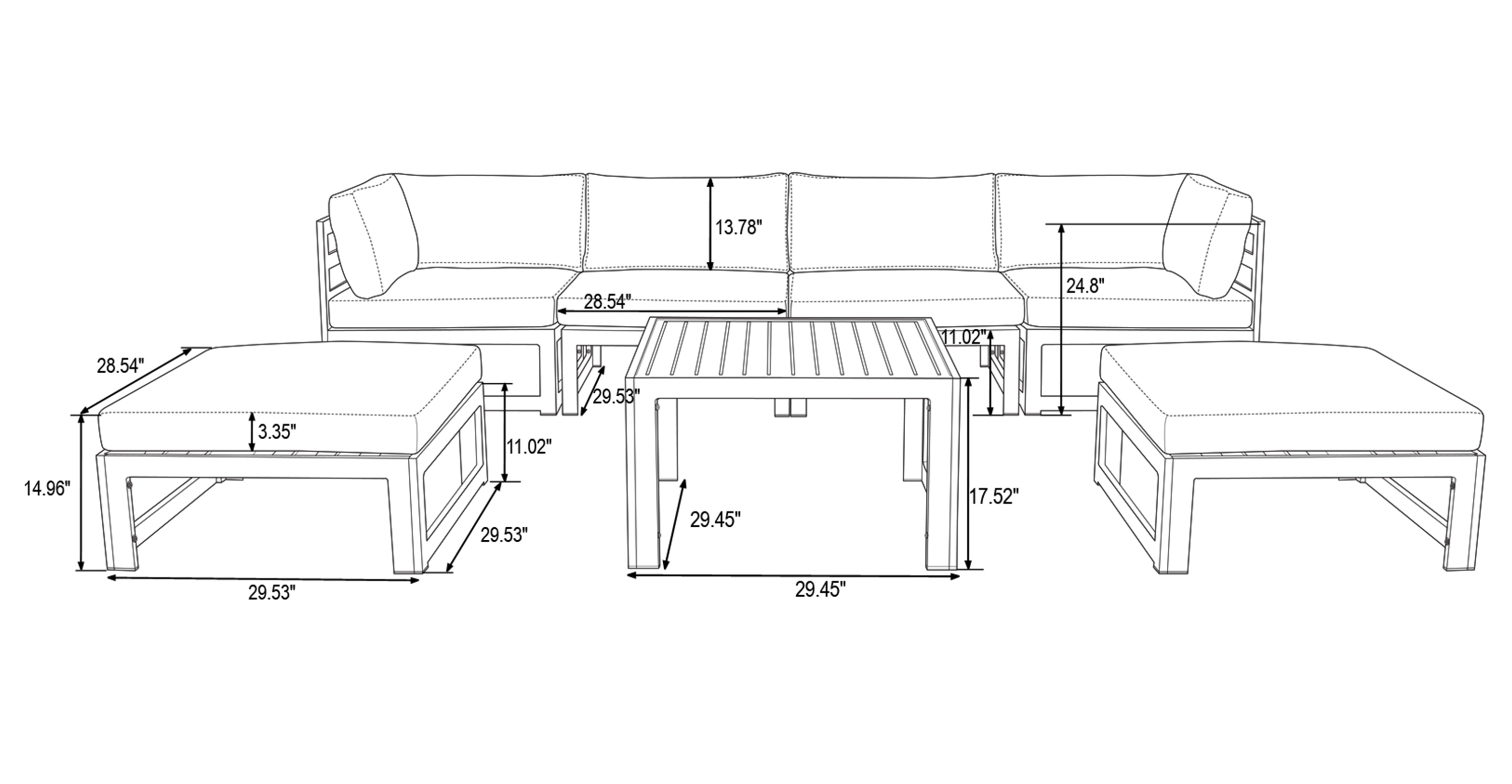 Chelsea 7-Piece Patio Ottoman Sectional And Coffee Table Set Black Aluminum With Cushions Beige