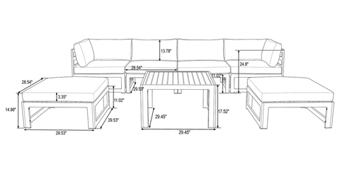 Chelsea 7-Piece Patio Ottoman Sectional And Coffee Table Set Black Aluminum With Cushions Beige