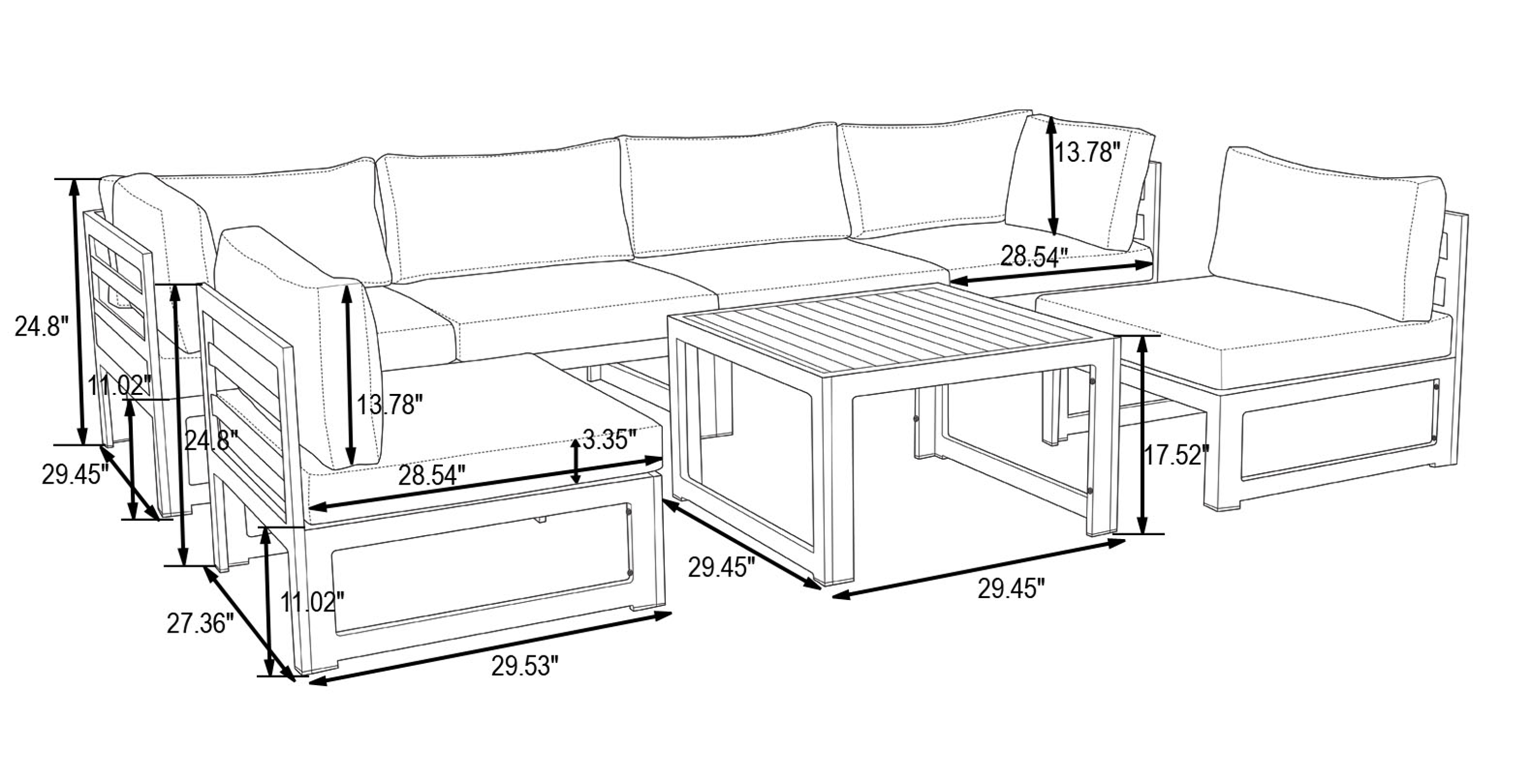 Chelsea 7-Piece Patio Sectional And Coffee Table Set In White Aluminum With Cushions Beige