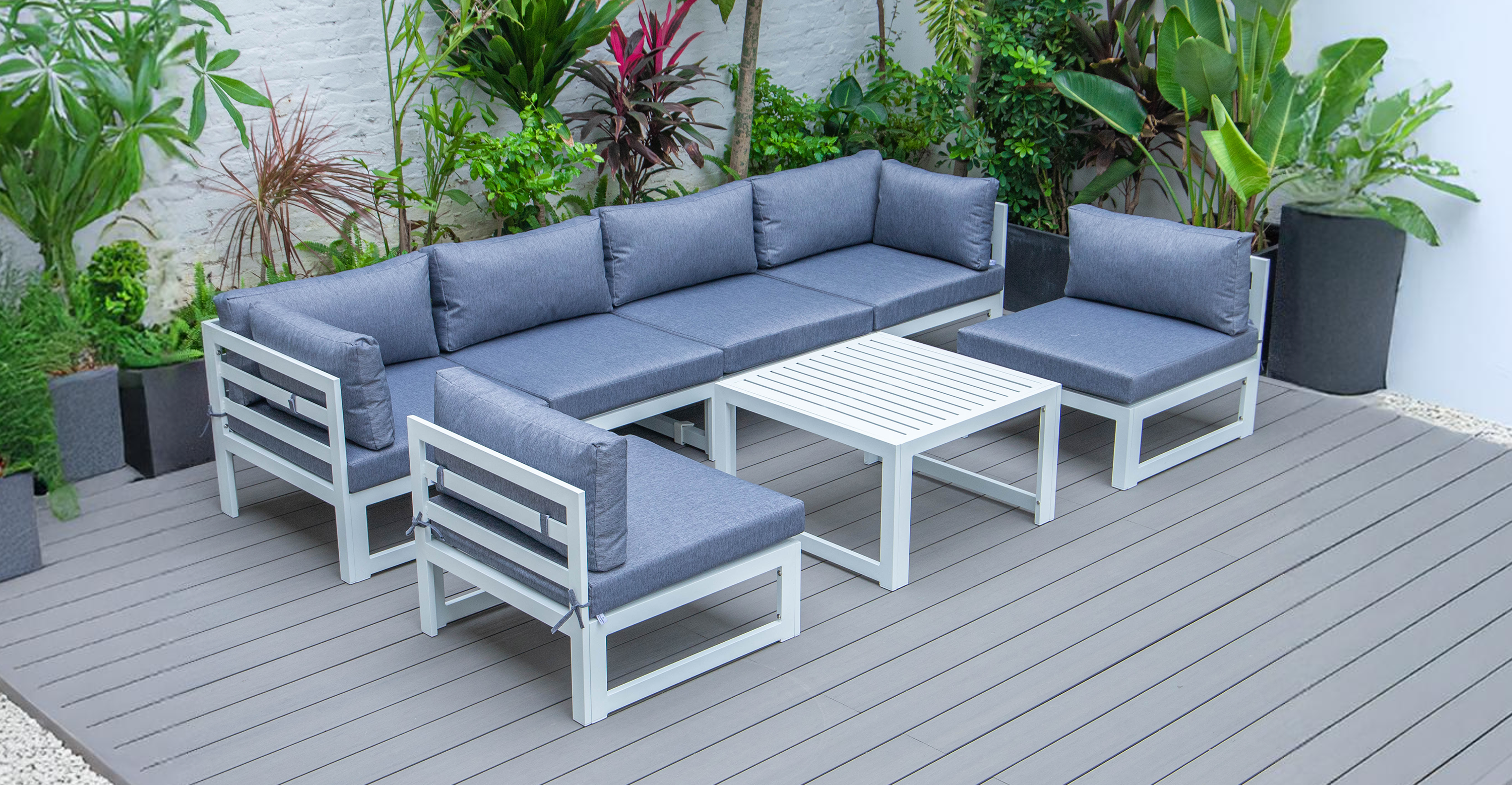 Chelsea 7-Piece Patio Sectional And Coffee Table Set In White Aluminum With Cushions Blue