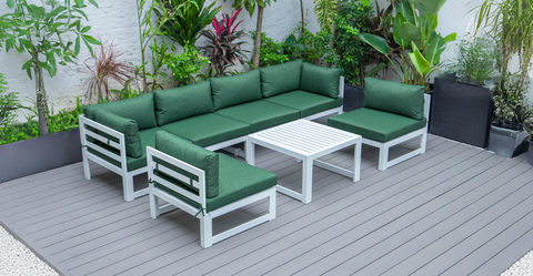 Chelsea 7-Piece Patio Sectional And Coffee Table Set In White Aluminum With Cushions Green