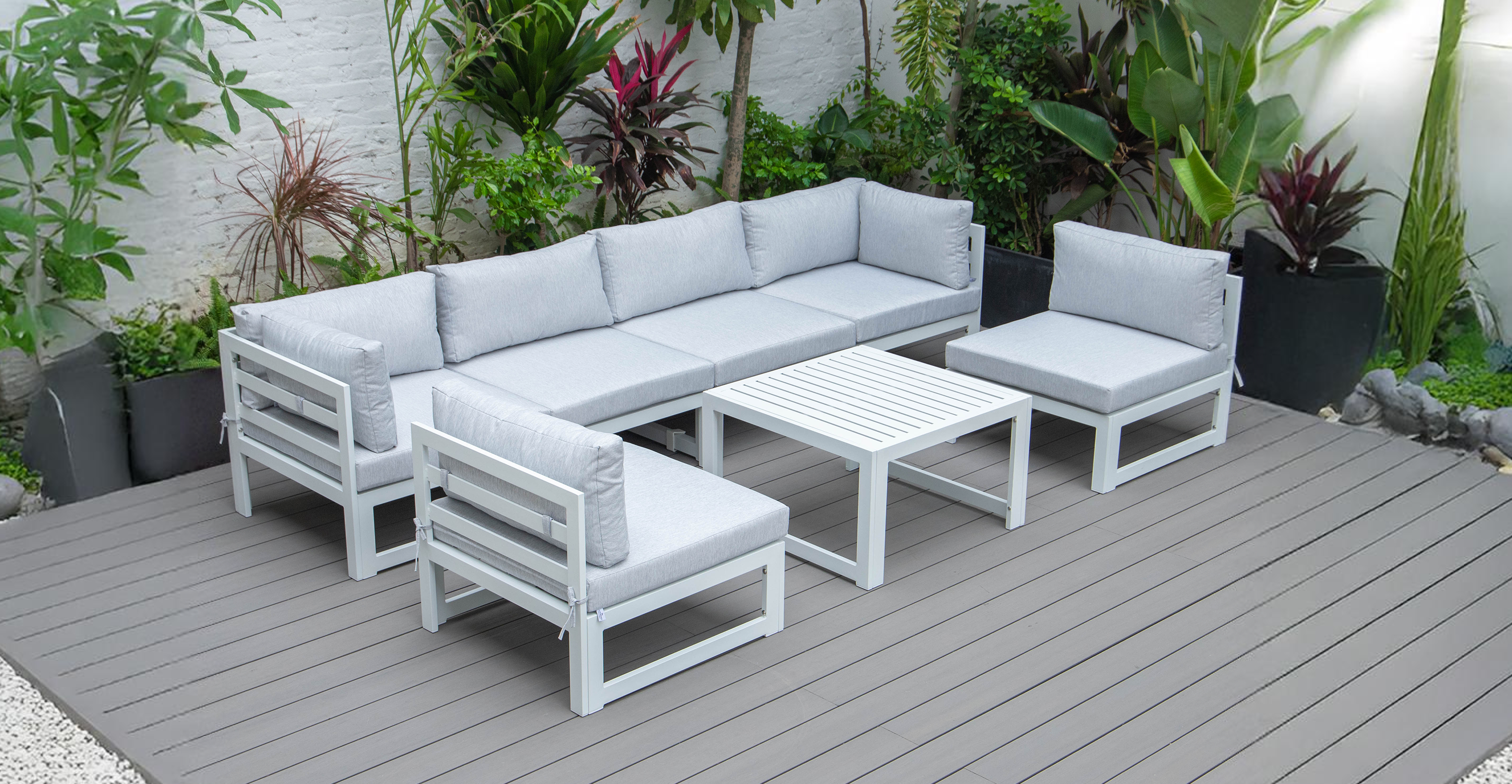 Chelsea 7-Piece Patio Sectional And Coffee Table Set In White Aluminum With Cushions Light Grey