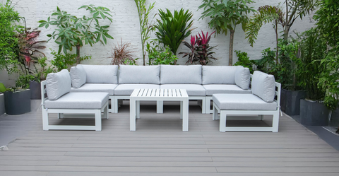 Chelsea 7-Piece Patio Sectional And Coffee Table Set In White Aluminum With Cushions Light Grey