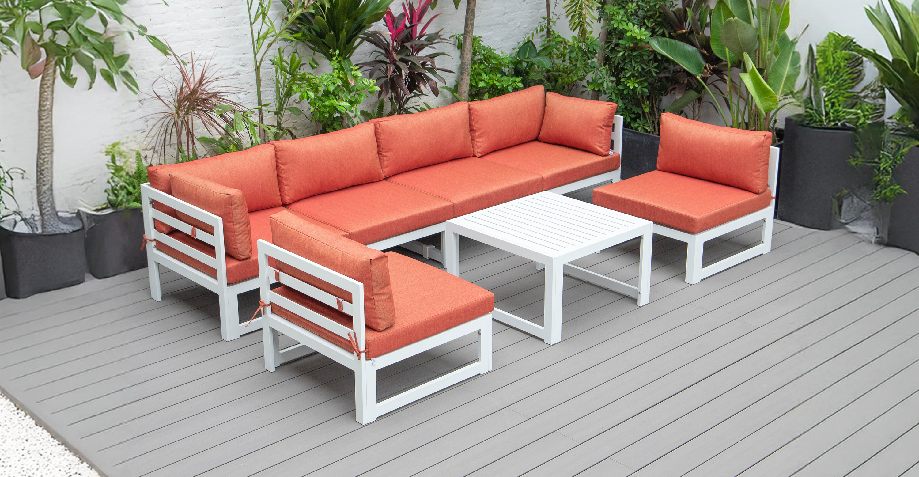 Chelsea 7-Piece Patio Sectional And Coffee Table Set In White Aluminum With Cushions Orange