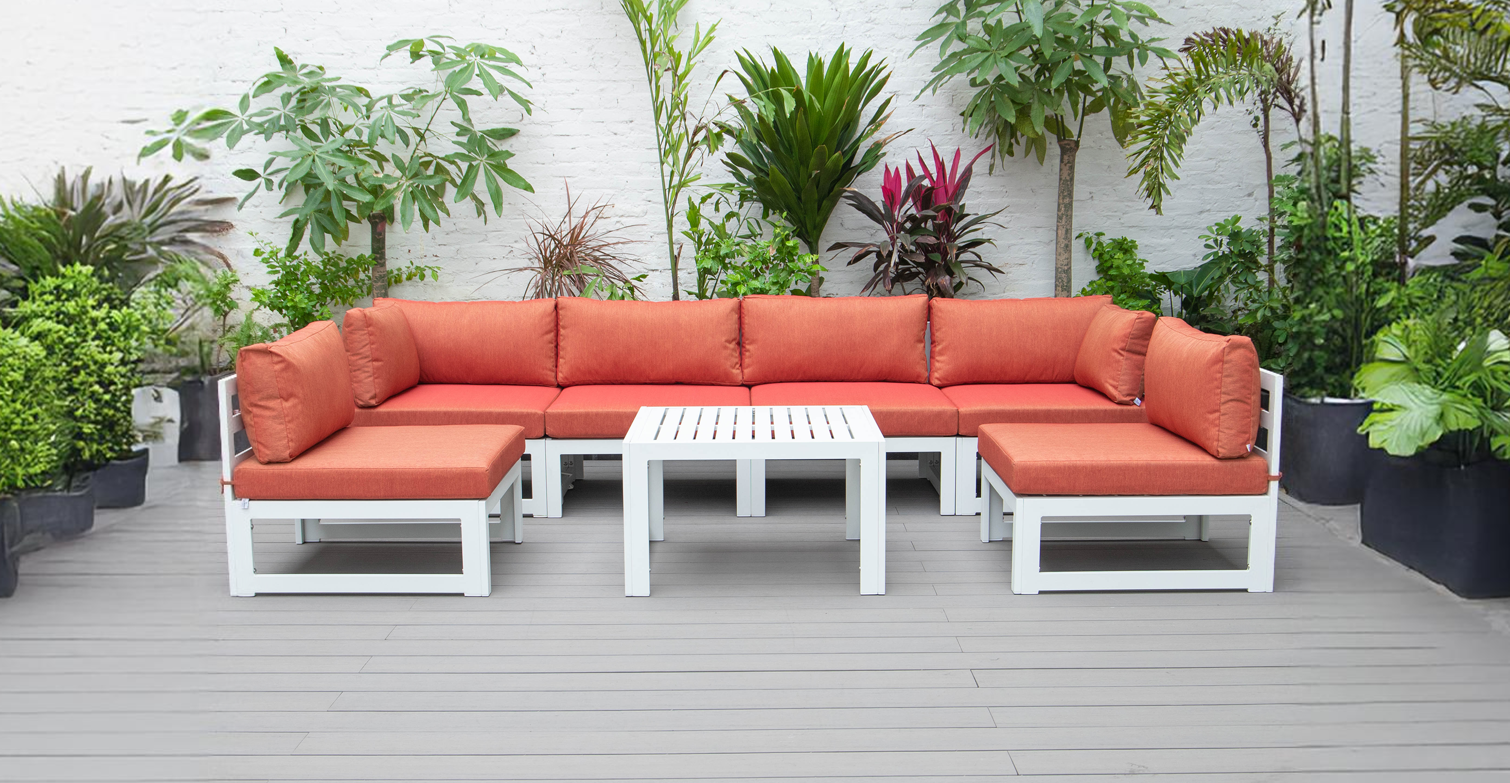 Chelsea 7-Piece Patio Sectional And Coffee Table Set In White Aluminum With Cushions Orange