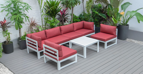 Chelsea 7-Piece Patio Sectional And Coffee Table Set In White Aluminum With Cushions Red