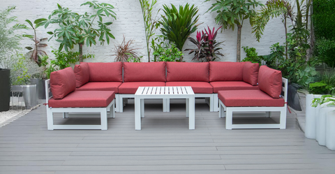 Chelsea 7-Piece Patio Sectional And Coffee Table Set In White Aluminum With Cushions Red