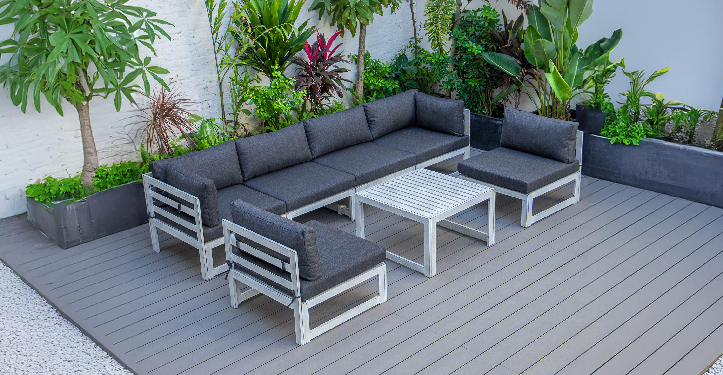 Chelsea 7-Piece Patio Sectional And Coffee Table Set In Weathered Grey Aluminum With Cushions Black