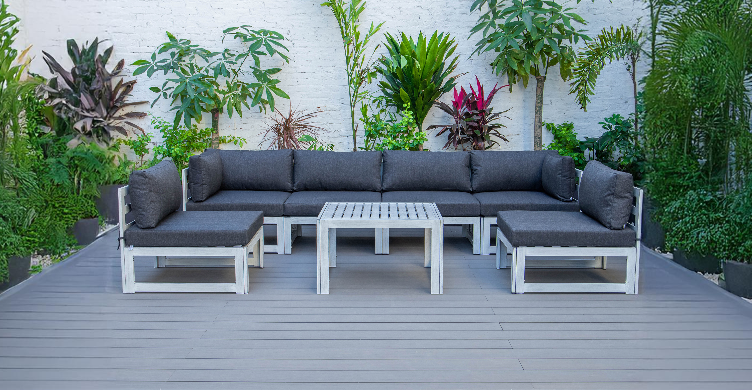 Chelsea 7-Piece Patio Sectional And Coffee Table Set In Weathered Grey Aluminum With Cushions Black