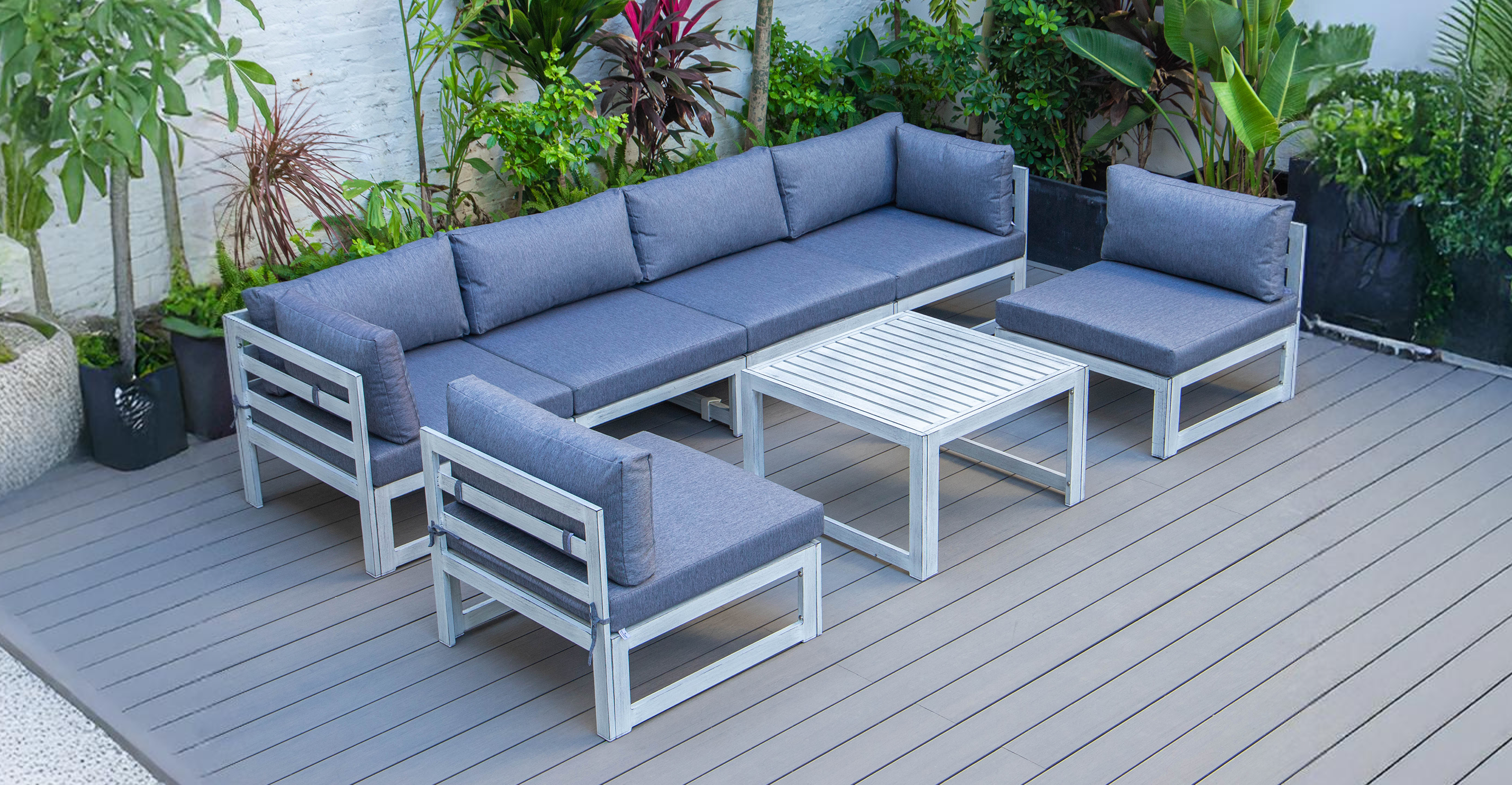 Chelsea 7-Piece Patio Sectional And Coffee Table Set In Weathered Grey Aluminum With Cushions Blue