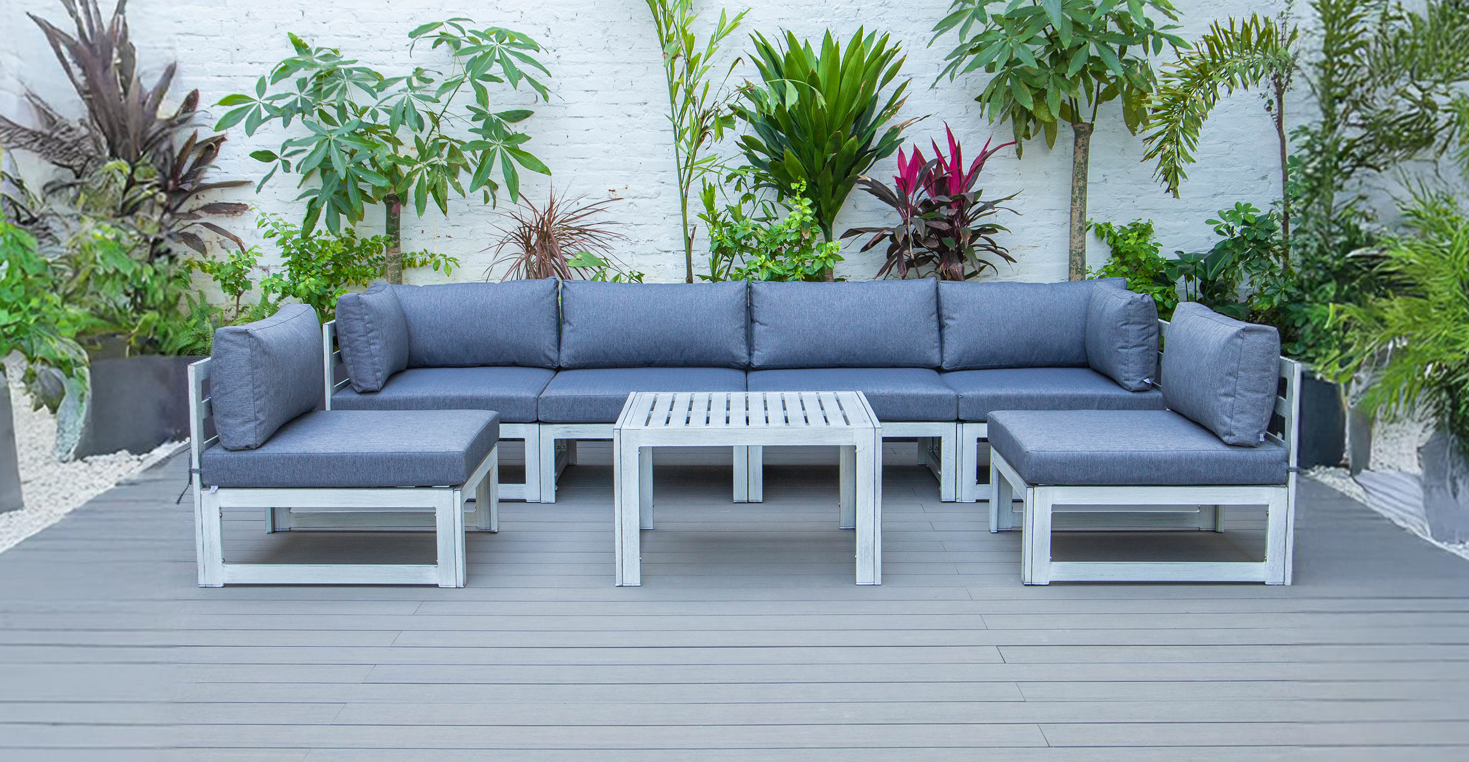 Chelsea 7-Piece Patio Sectional And Coffee Table Set In Weathered Grey Aluminum With Cushions Blue