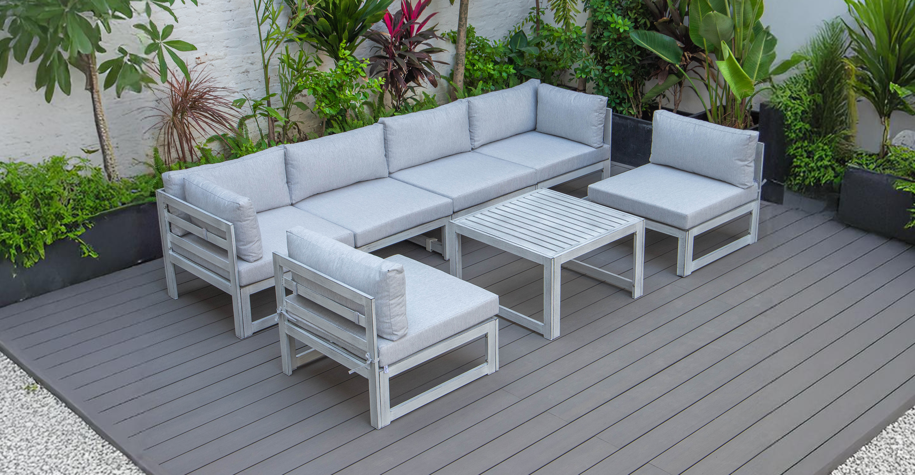 Chelsea 7-Piece Patio Sectional And Coffee Table Set In Weathered Grey Aluminum With Cushions Light Grey