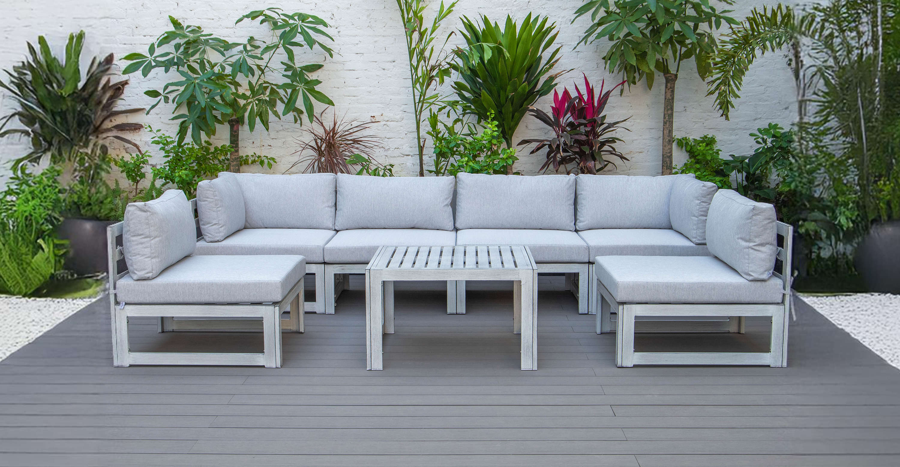 Chelsea 7-Piece Patio Sectional And Coffee Table Set In Weathered Grey Aluminum With Cushions Light Grey