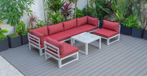 Chelsea 7-Piece Patio Sectional And Coffee Table Set In Weathered Grey Aluminum With Cushions Red