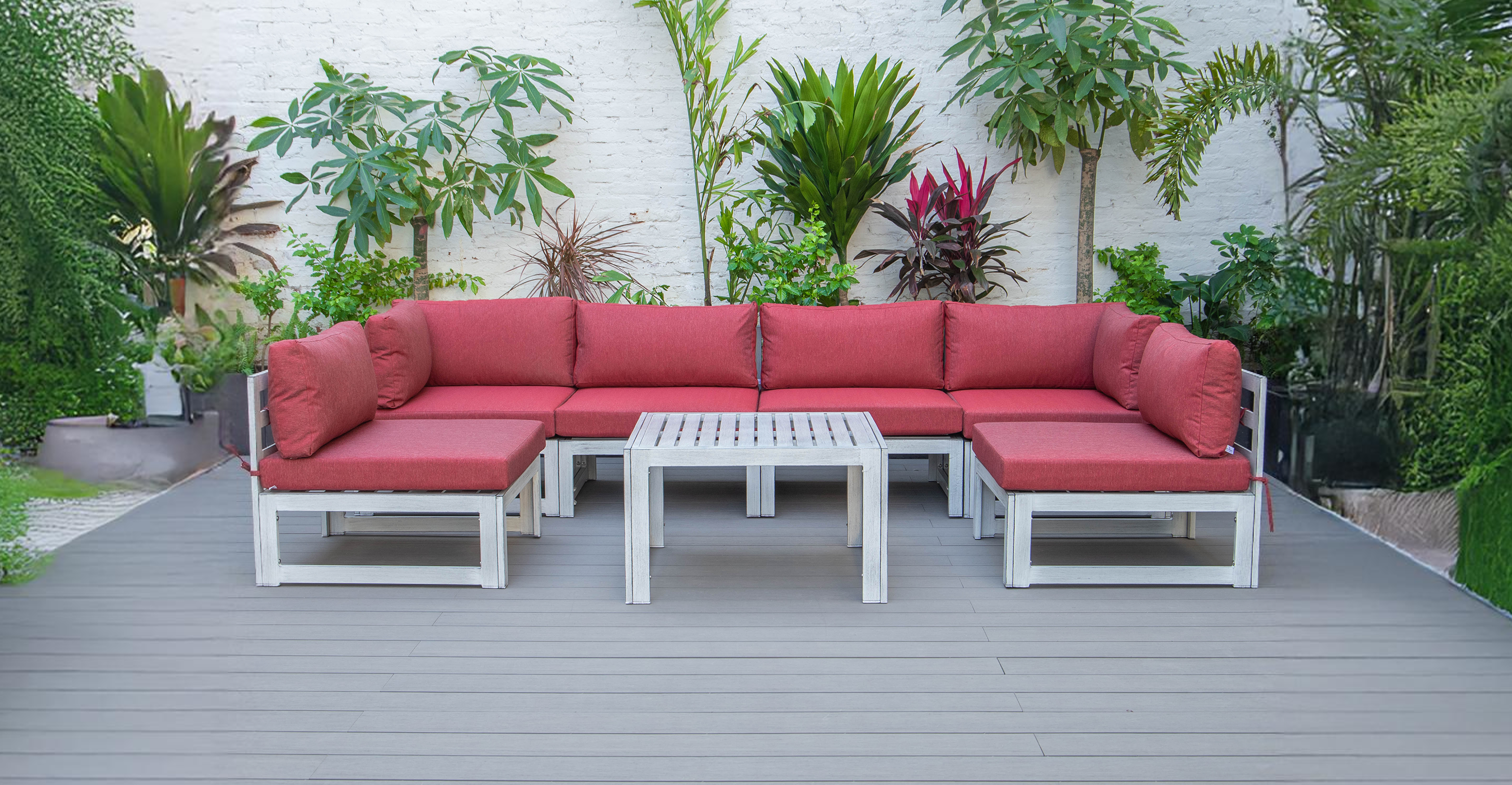 Chelsea 7-Piece Patio Sectional And Coffee Table Set In Weathered Grey Aluminum With Cushions Red