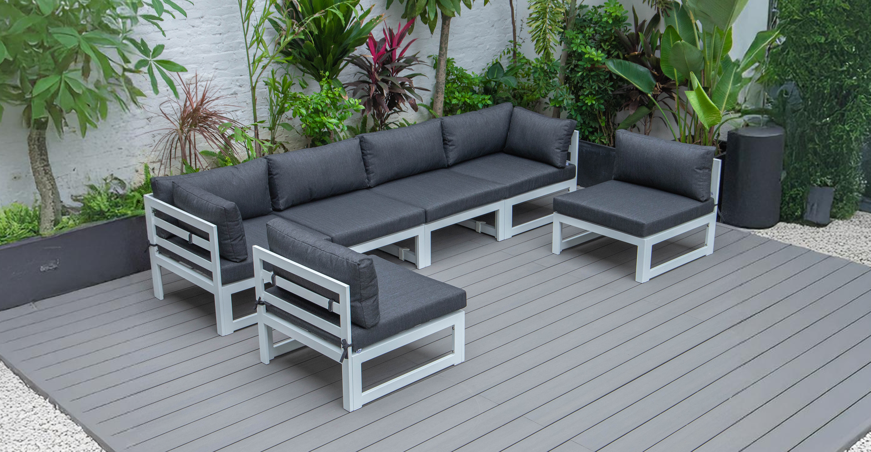 Chelsea 6-Piece Patio Sectional In White Aluminum With Cushions Black