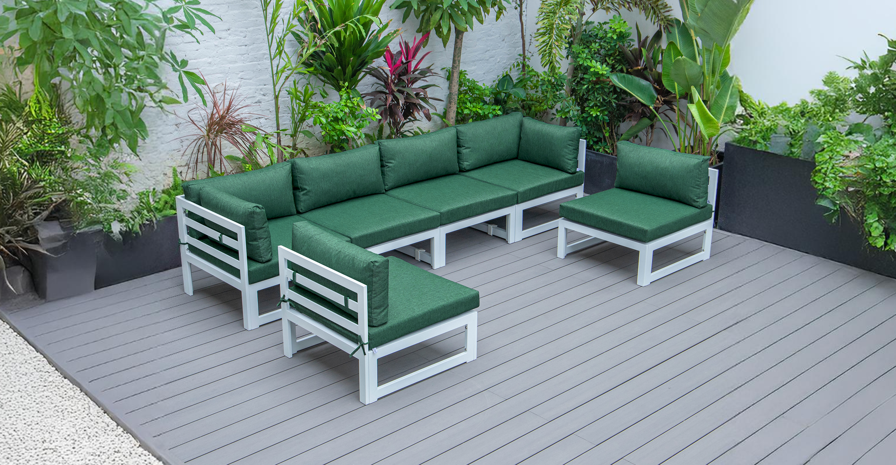 Chelsea 6-Piece Patio Sectional In White Aluminum With Cushions Green