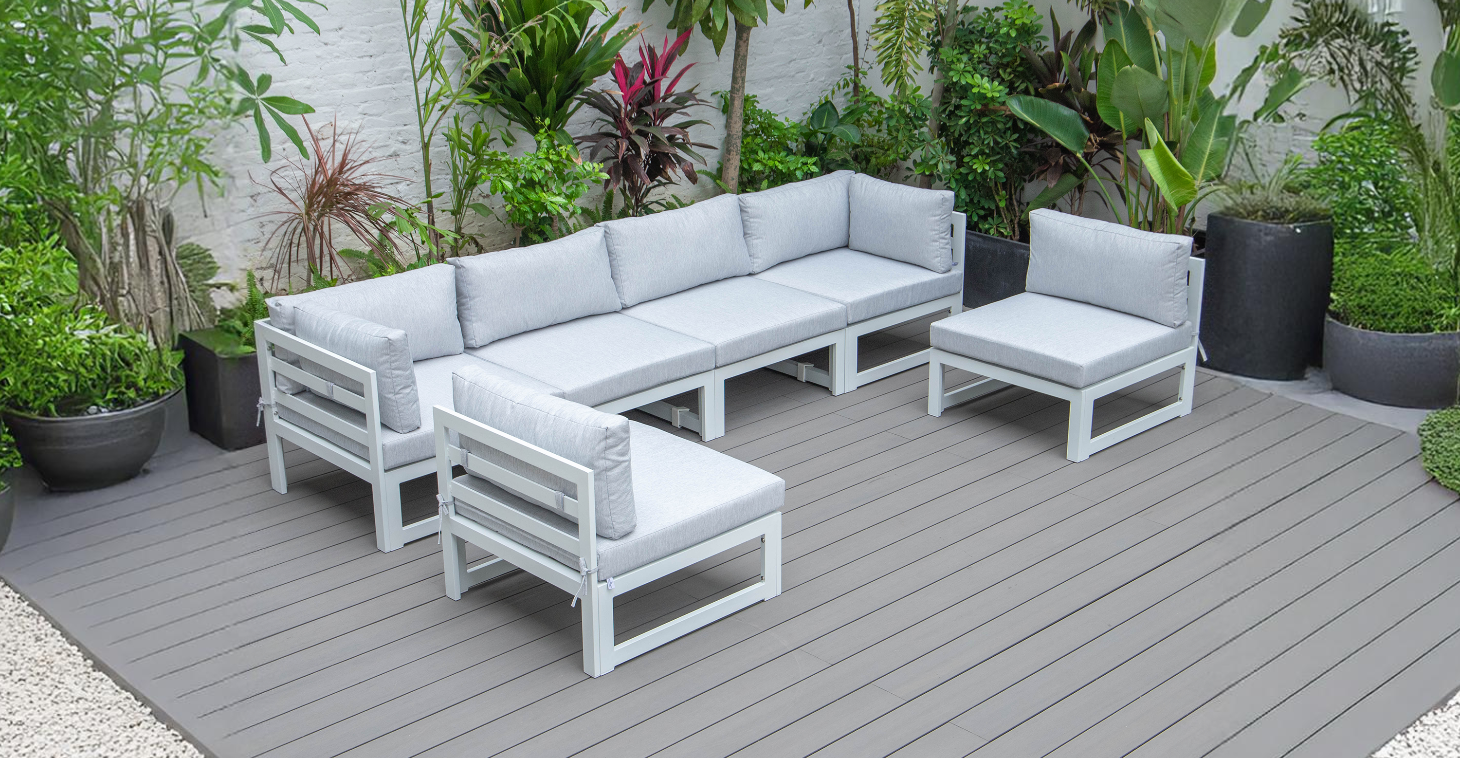 Chelsea 6-Piece Patio Sectional In White Aluminum With Cushions Light Grey