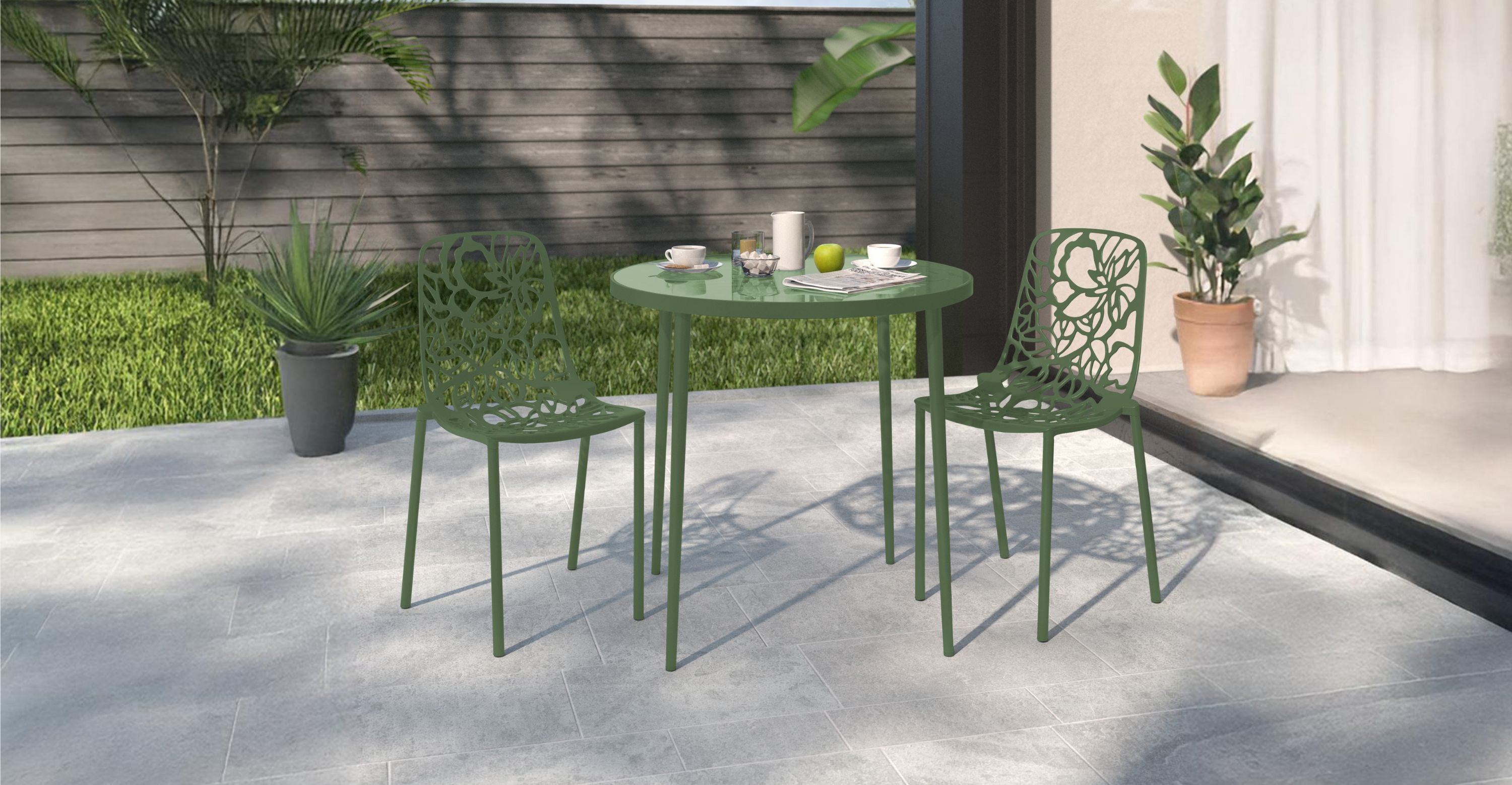 Devon Stackable Aluminum Outdoor Dining Chairs with Flower Design Khaki Green