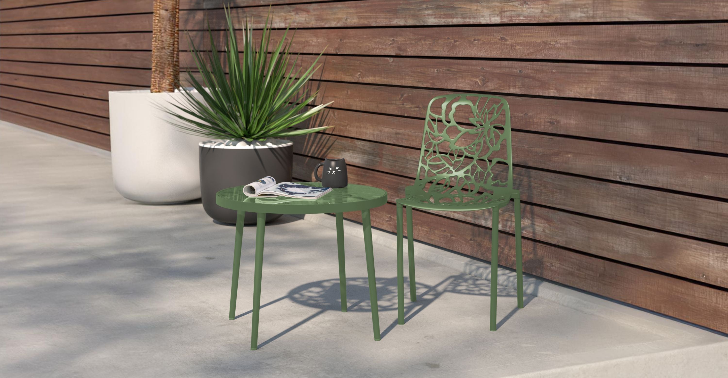 Devon Stackable Aluminum Outdoor Dining Chairs with Flower Design Khaki Green