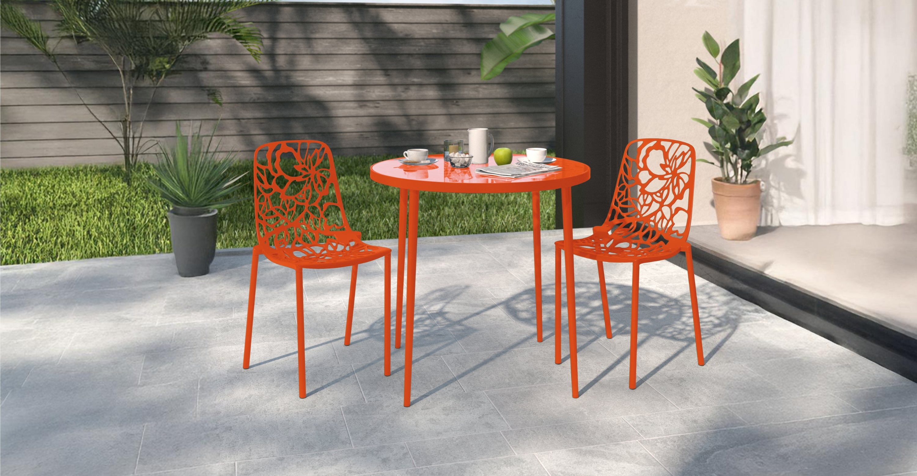 Devon Stackable Aluminum Outdoor Dining Chairs with Flower Design Orange