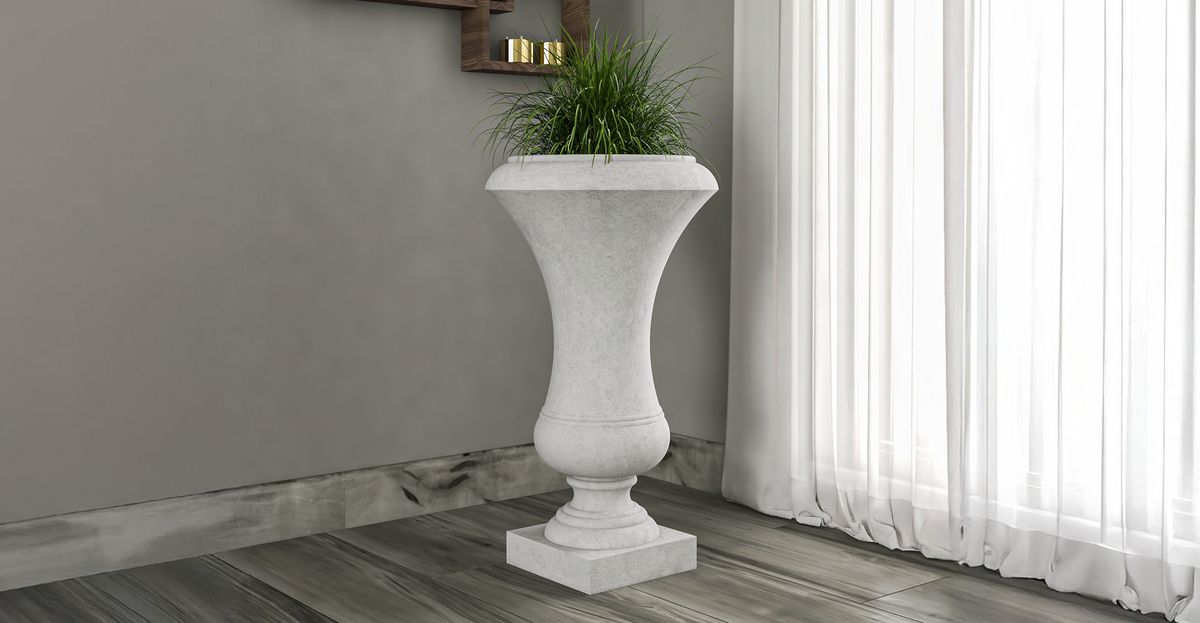 Daisy Fiberstone and Clay Urn Planter with Drainage Holes for Indoor and Outdoor White