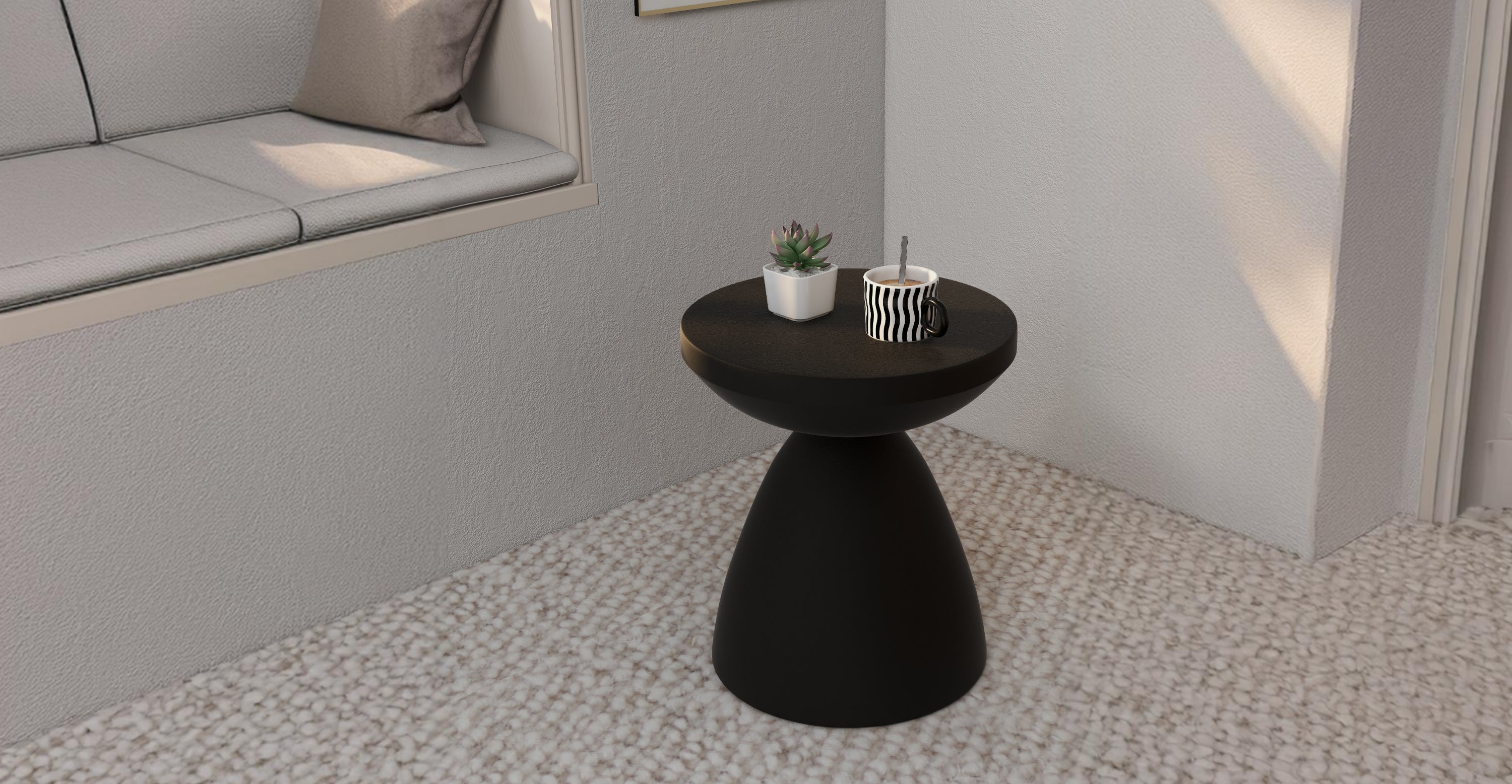 Dune Side Table Fiberstone Round Accent Table and Hourglass Pedestal Base Black