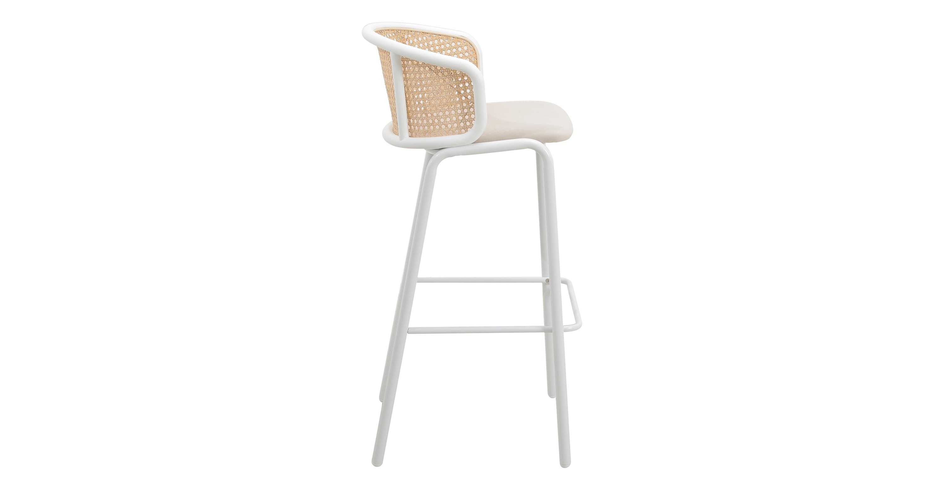 Ervilla Modern Wicker Bar Stool with Fabric Seat and White Powder Coated Steel Frame Beige