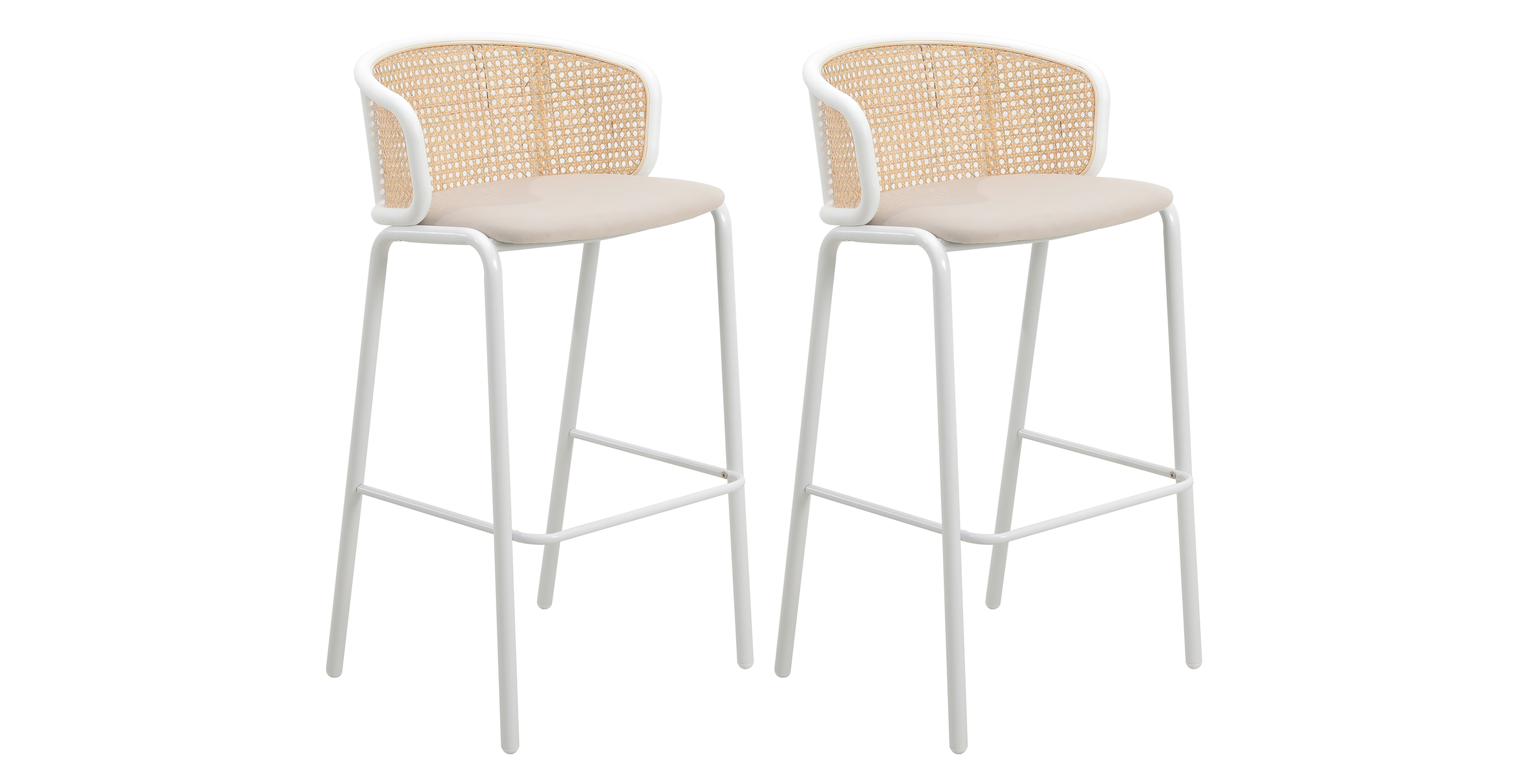 Ervilla Modern Wicker Bar Stool with Fabric Seat and White Powder Coated Steel Frame Beige