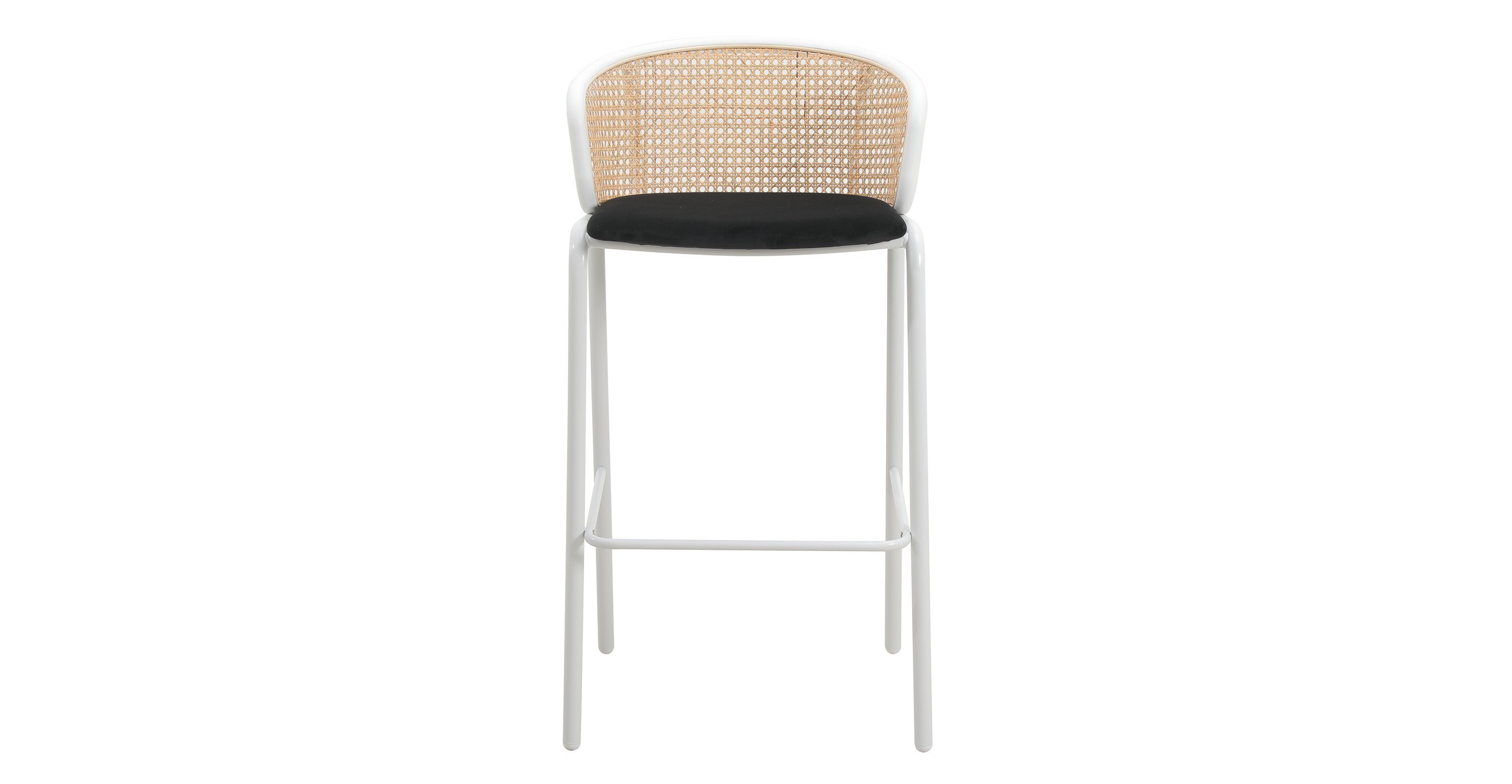 Ervilla Modern Wicker Bar Stool with Fabric Seat and White Powder Coated Steel Frame Black