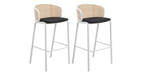 Ervilla Modern Wicker Bar Stool with Fabric Seat and White Powder Coated Steel Frame Black