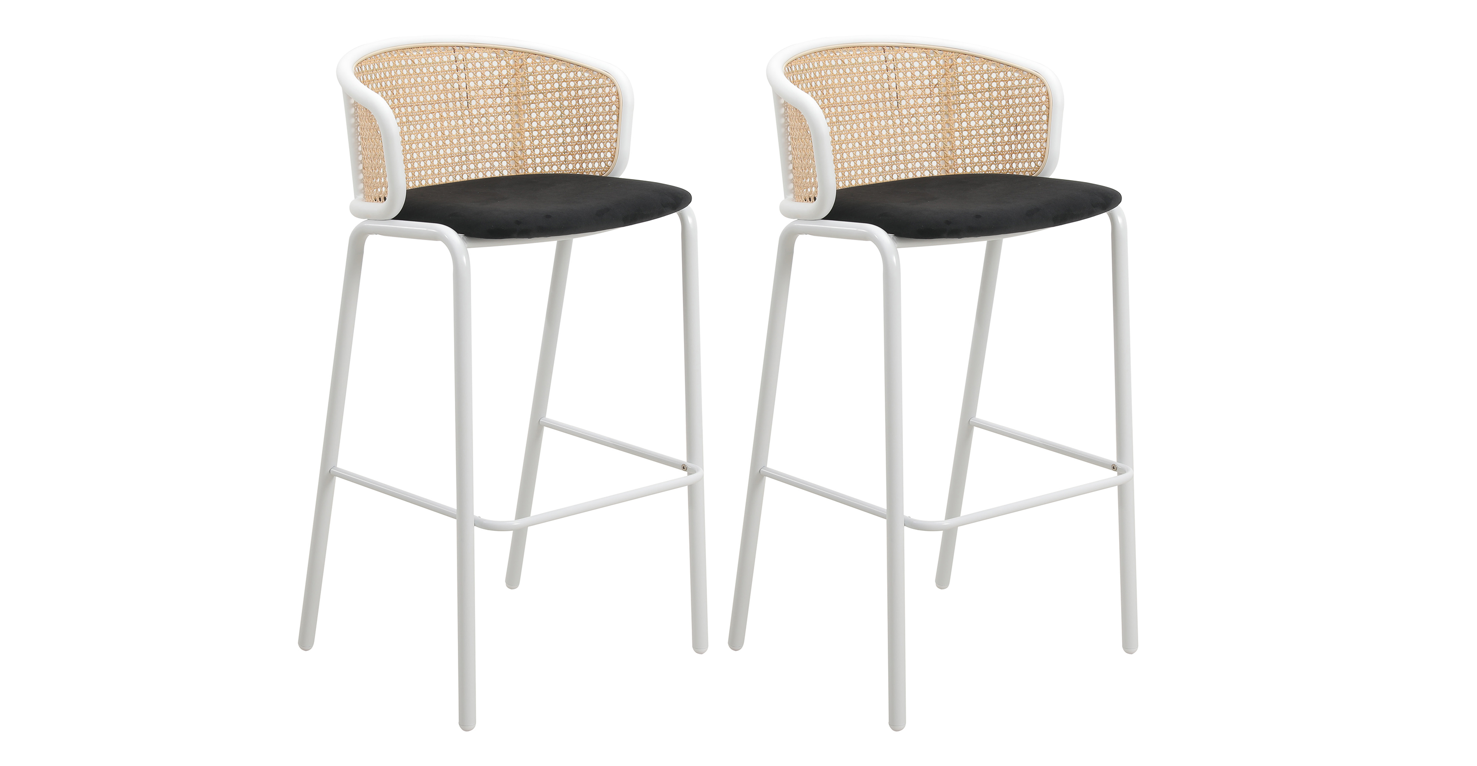 Ervilla Modern Wicker Bar Stool with Fabric Seat and White Powder Coated Steel Frame Black