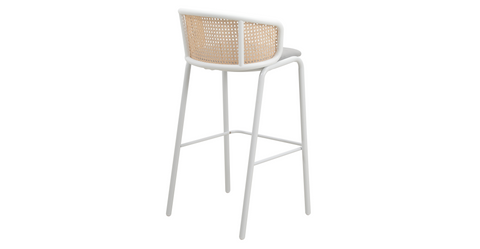 Ervilla Modern Wicker Bar Stool with Fabric Seat and White Powder Coated Steel Frame Grey