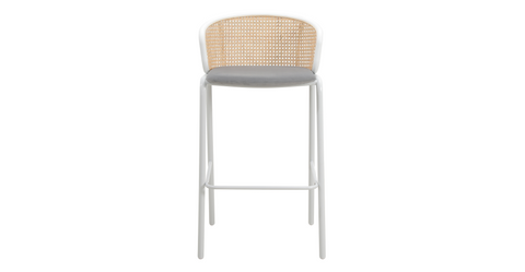 Ervilla Modern Wicker Bar Stool with Fabric Seat and White Powder Coated Steel Frame Grey