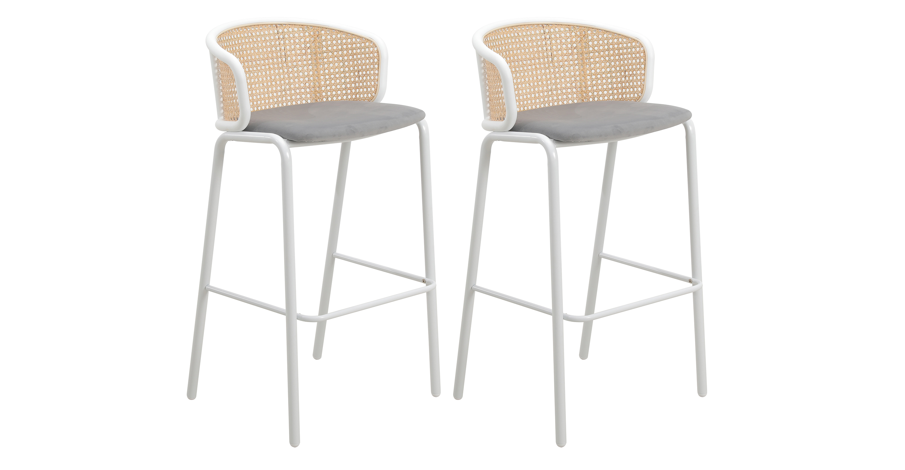 Ervilla Modern Wicker Bar Stool with Fabric Seat and White Powder Coated Steel Frame Grey