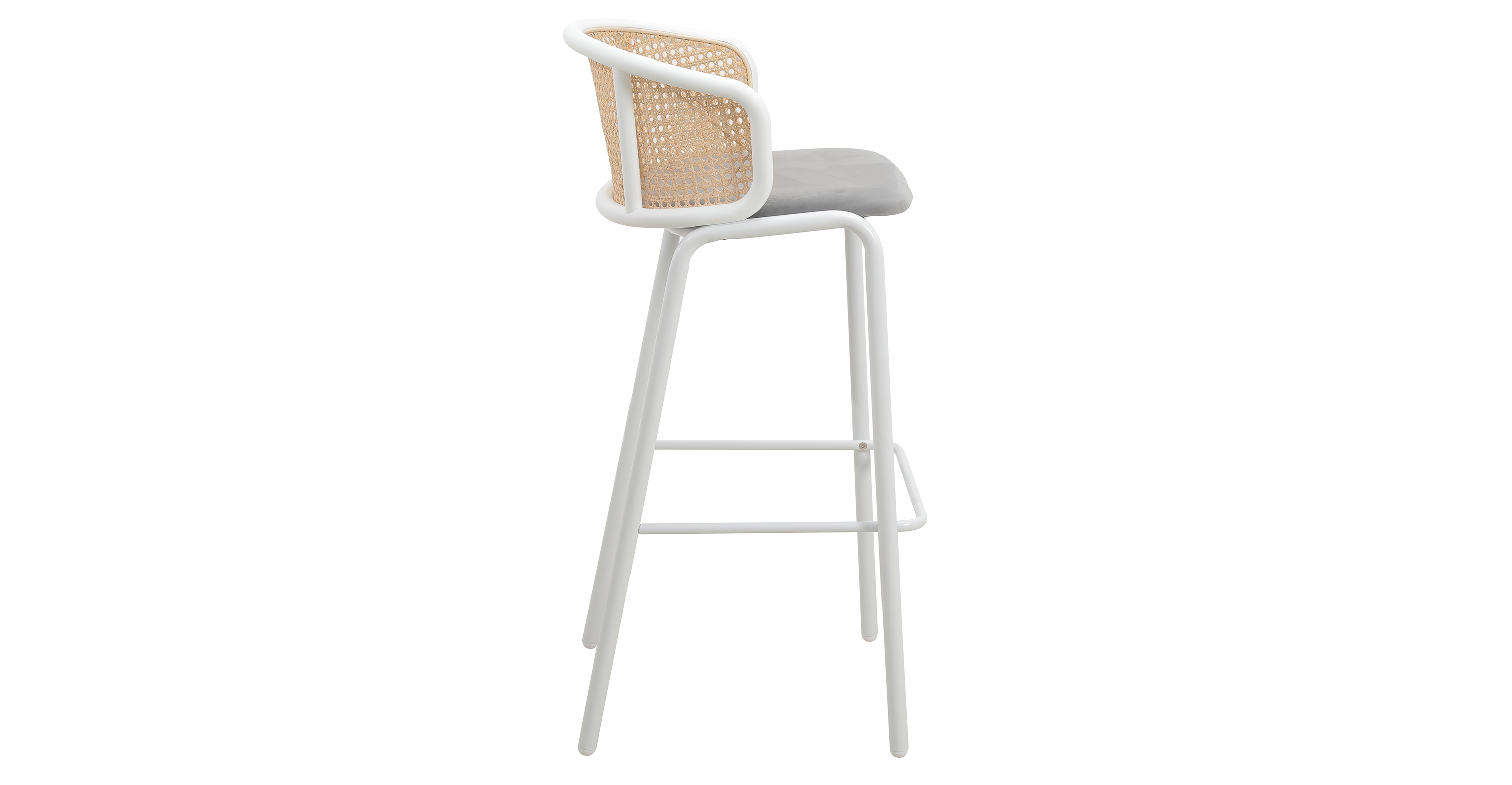 Ervilla Modern Wicker Bar Stool with Fabric Seat and White Powder Coated Steel Frame Grey