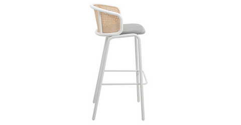 Ervilla Modern Wicker Bar Stool with Fabric Seat and White Powder Coated Steel Frame Grey