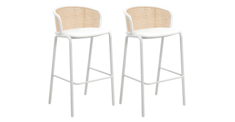 Ervilla Modern Wicker Bar Stool with Fabric Seat and White Powder Coated Steel Frame White