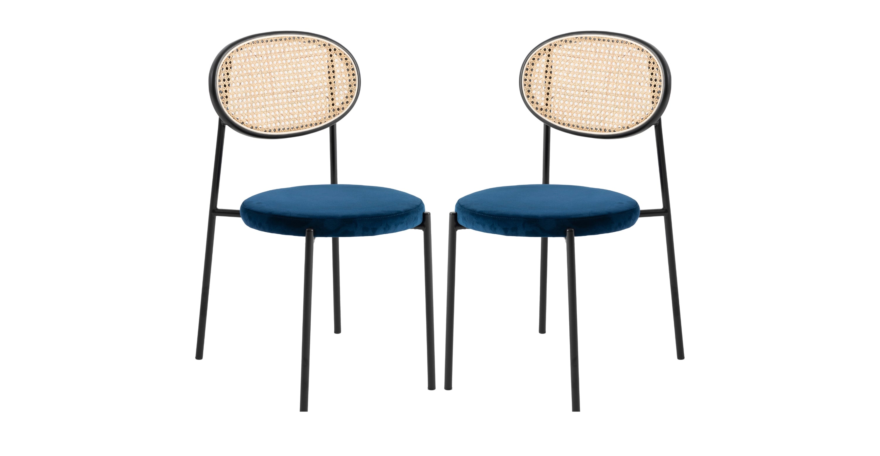 Euston Modern Upholstered Dining Chair with Round Wicker/Velvet Back Style Navy Blue / Wicker