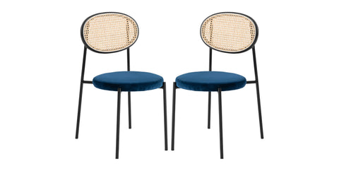 Euston Modern Upholstered Dining Chair with Round Wicker/Velvet Back Style Navy Blue / Wicker