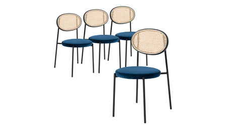 Euston Modern Upholstered Dining Chair with Round Wicker/Velvet Back Style Navy Blue / Wicker