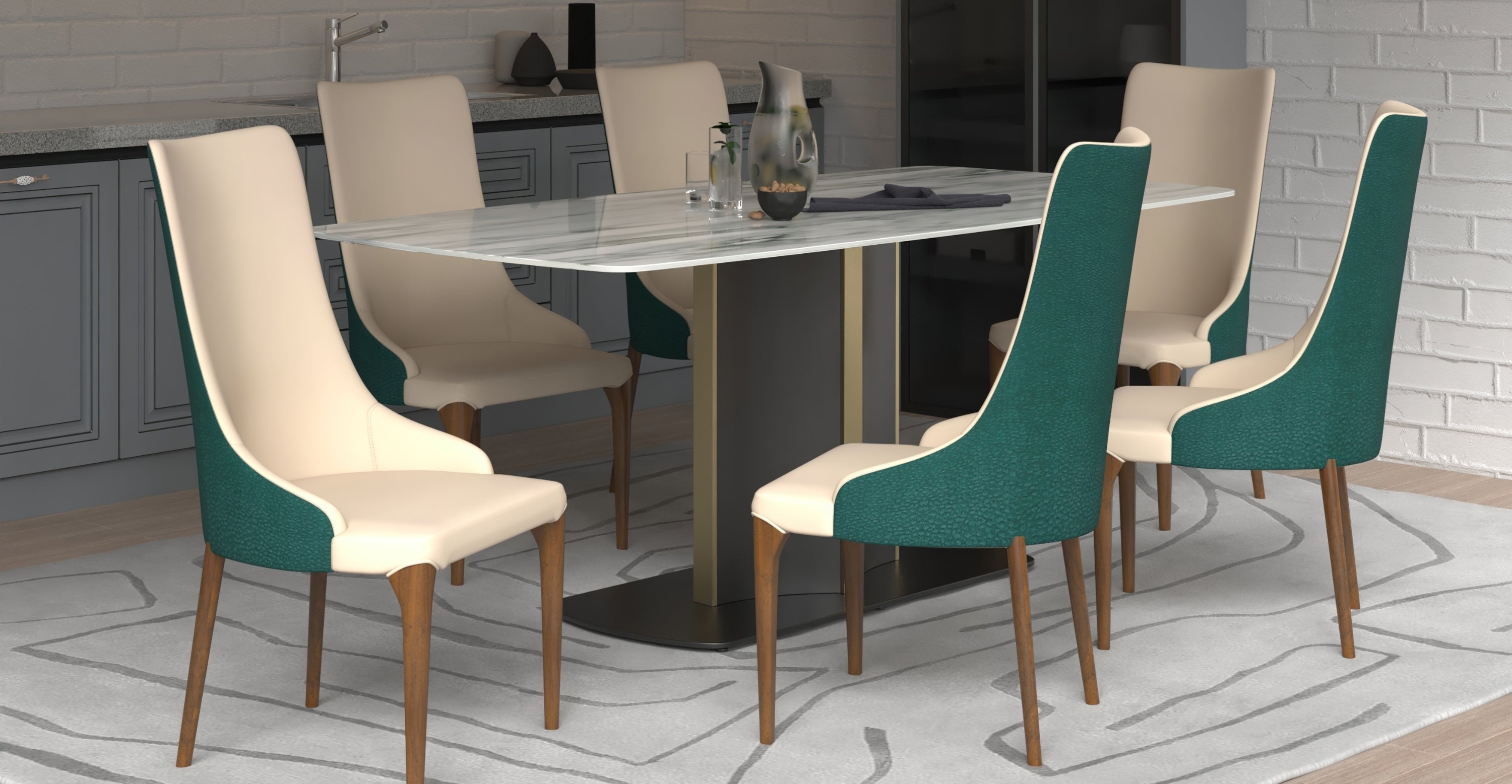 Elm Dining Chair with a Leather/Velvet Seat and a Two-Tone Color Design Backrest in Ash Wood Green