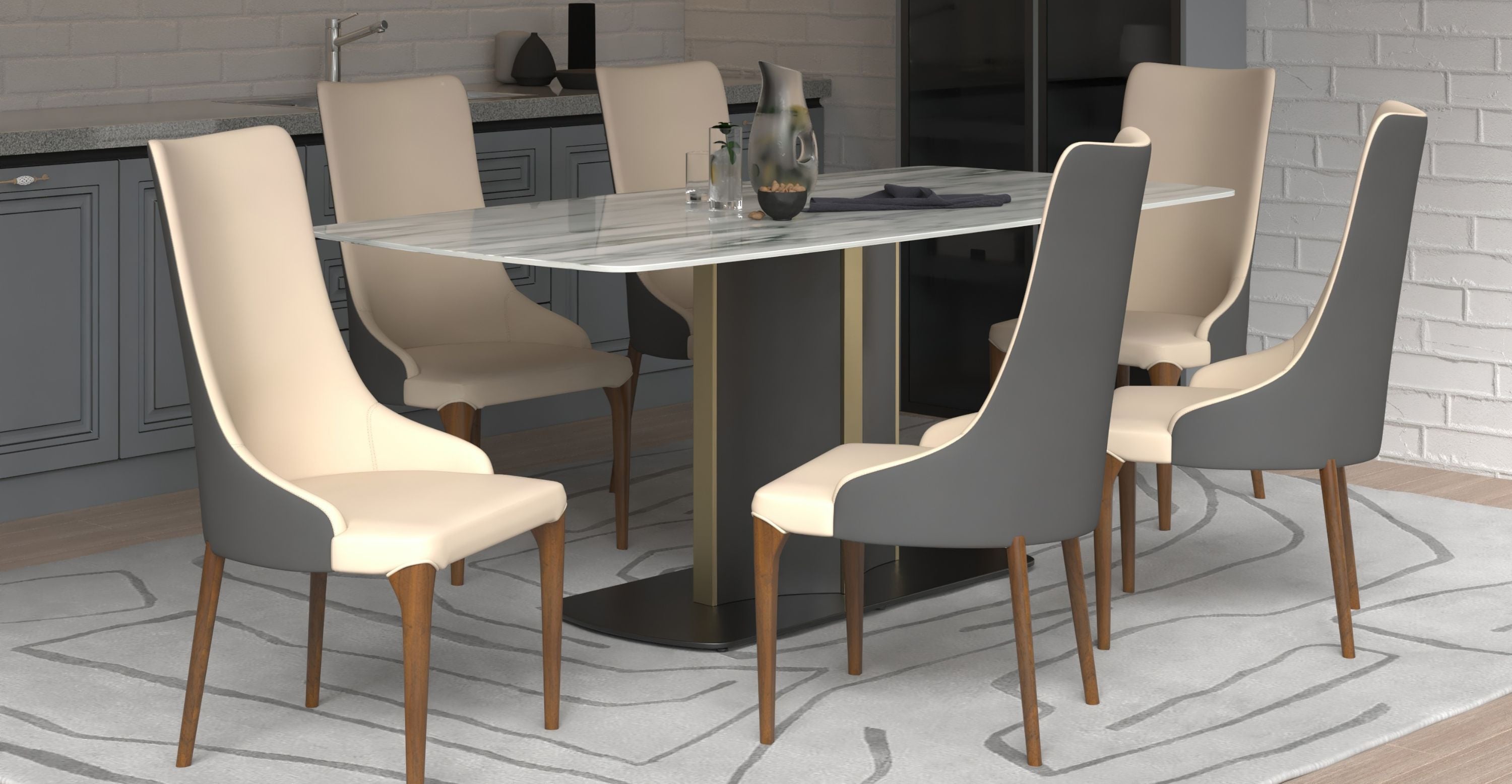 Elm Dining Chair with a Leather/Velvet Seat and a Two-Tone Color Design Backrest in Ash Wood Grey