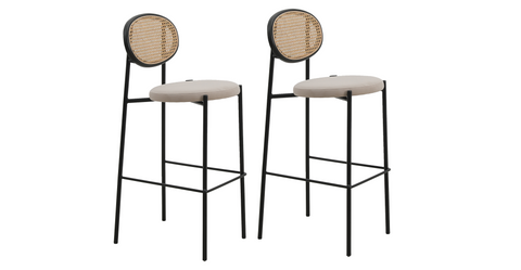 Euston Wicker Bar Stool with Black Powder Coated Steel Frame and Footrest Beige