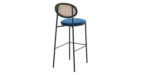 Euston Wicker Bar Stool with Black Powder Coated Steel Frame and Footrest Navy Blue